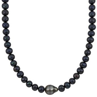 Men's Stella Grace Dyed Black Freshwater Cultured Pearl & Black Tahitian Cultured Pearl Necklace with Sterling Silver Clasp