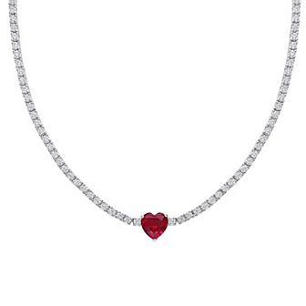Stella Grace Sterling Silver Heart Shapd Lab-Created Ruby & Lab-Created White Sapphire Tennis Necklace