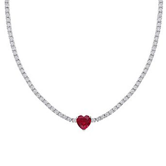 Stella Grace Sterling Silver Heart Shapd Lab-Created Ruby & Lab-Created White Sapphire Tennis Necklace
