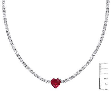 Stella Grace Sterling Silver Heart Shapd Lab-Created Ruby & Lab-Created White Sapphire Tennis Necklace