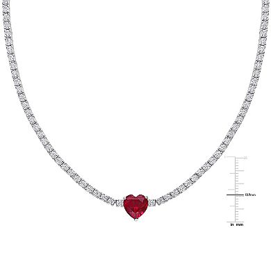 Stella Grace Sterling Silver Heart Shapd Lab-Created Ruby & Lab-Created White Sapphire Tennis Necklace