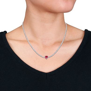 Stella Grace Sterling Silver Heart Shapd Lab-Created Ruby & Lab-Created White Sapphire Tennis Necklace