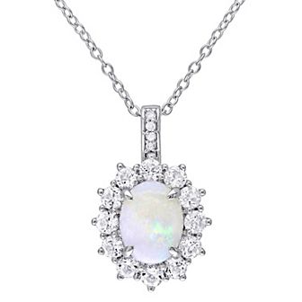 Stella Grace Sterling Silver Opal, White Topaz & Diamond Accent Halo Pendant Necklace