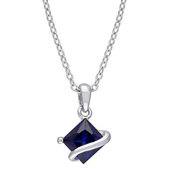Stella Grace Sterling Silver Square-Cut Lab-Created Blue Sapphire Pendant Necklace