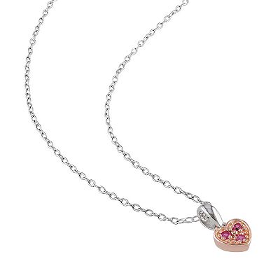 Stella Grace Two Tone Sterling Silver Lab-Created Pink Sapphire Heart Pendant Necklace