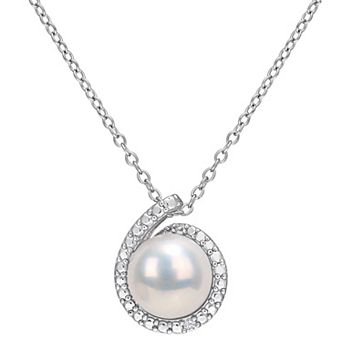Stella Grace Sterling Silver Freshwater Cultured Pearl & Diamond Accent Halo Pendant Necklace