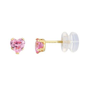 Charming Girl Kids' 14k Gold Pink Heart Cubic Zirconia Stud Earrings