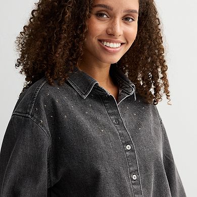 Juniors' Vanilla Star Rhinestone Button-Down Cropped Shirt