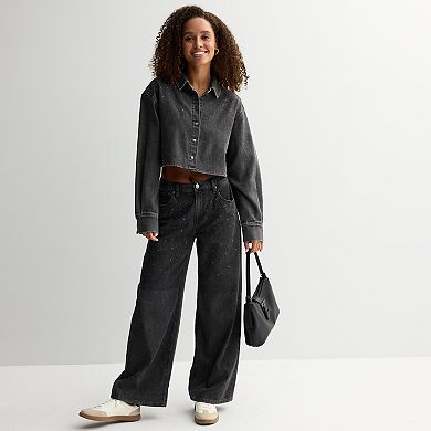 Juniors' Vanilla Star Rhinestone Button-Down Cropped Shirt