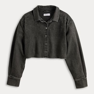 Juniors' Vanilla Star Rhinestone Button-Down Cropped Shirt
