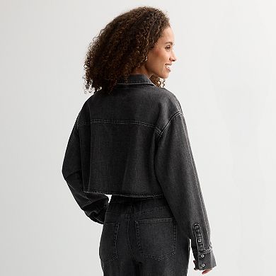 Juniors' Vanilla Star Rhinestone Button-Down Cropped Shirt