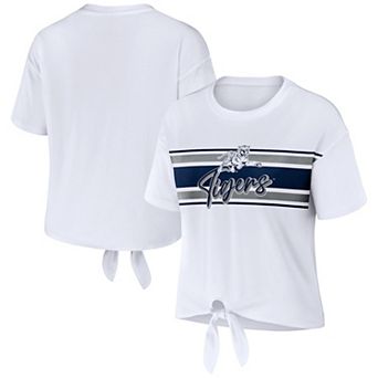 Women's WEAR by Erin Andrews White Jackson State Tigers Striped Front Knot Cropped T-Shirt
