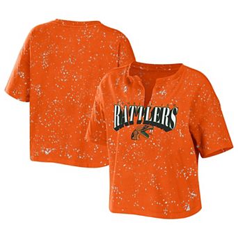 Women's WEAR by Erin Andrews Orange Florida A&M Rattlers Bleach Wash Splatter Cropped Notch Neck T-Shirt