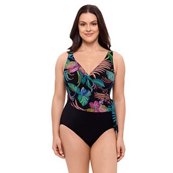 Women's Great Lengths Sequin Floral Draped Side Tie Surplice One-Piece Swimsuit