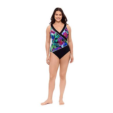 Women's Great Lengths Venetian Floral Piped Surplice One-Piece Swimsuit