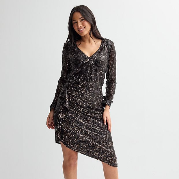 Women's London Times Sequin Asymmetrical Hem Faux Wrap Midi Dress