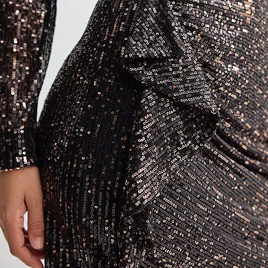 Women's London Times Sequin Asymmetrical Hem Faux Wrap Midi Dress