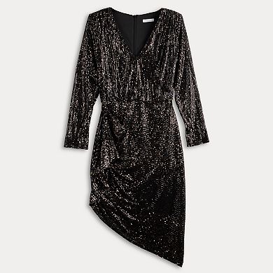 Women's London Times Sequin Asymmetrical Hem Faux Wrap Midi Dress