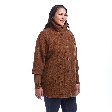 Plus Size Weathercast Button Front Knit Sleeve Boucle Topper