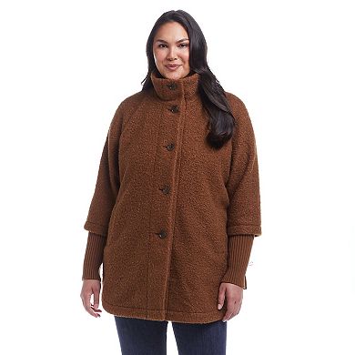 Plus Size Weathercast Button Front Knit Sleeve Boucle Topper