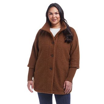 Plus Size Weathercast Button Front Knit Sleeve Boucle Topper