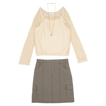 Girls 7-16 Tween Diva Crochet Sweater & Utility Skirt Set