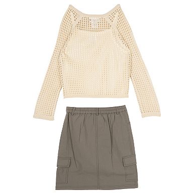 Girls 7-16 Tween Diva Crochet Sweater & Utility Skirt Set