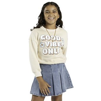 Girls 7-16 Tween Diva 3 pc Graphic Sweatshirt, Pleated Denim Skirt & Necklace Set