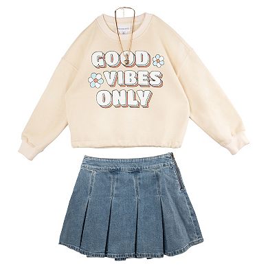 Girls 7-16 Tween Diva 3-pc. Graphic Sweatshirt, Pleated Denim Skirt & Necklace Set