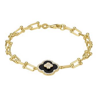 Designs by Gioelli 14k Gold Over Silver Onyx Clover U-link Chain Bracelet