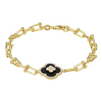 Designs by Gioelli 14k Gold Over Silver Onyx Clover U-link Chain Bracelet
