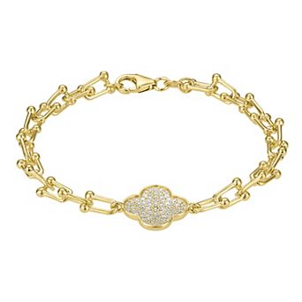 Designs by Gioelli 14k Gold Over Silver White Sapphire Clover U-link Chain Bracelet