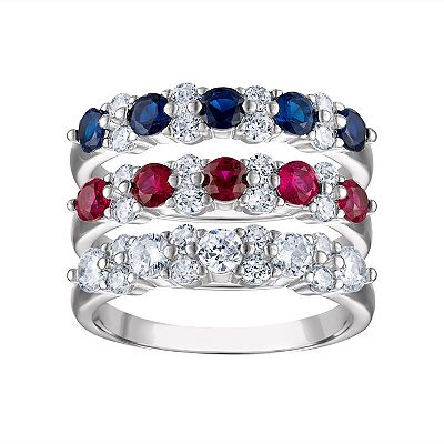 Sterling Silver 3 Piece Red White Blue Cubic Zirconia Stack Ring Set