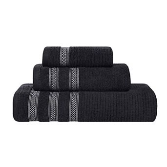 SUPERIOR 3 pc Zero Twist Cotton Ribbed Geometric Border Absorbent Towel Set