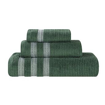 SUPERIOR 3 pc Zero Twist Cotton Ribbed Geometric Border Absorbent Towel Set