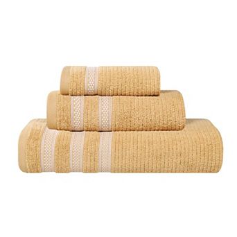 SUPERIOR 3 pc Zero Twist Cotton Ribbed Geometric Border Absorbent Towel Set