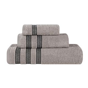 SUPERIOR 3 pc Zero Twist Cotton Ribbed Geometric Border Absorbent Towel Set