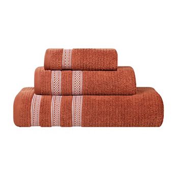 SUPERIOR 3 pc Zero Twist Cotton Ribbed Geometric Border Absorbent Towel Set