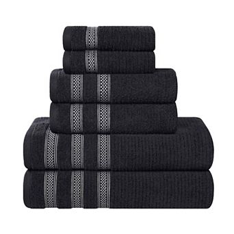 SUPERIOR 6 pc Zero Twist Cotton Ribbed Geometric Border Absorbent Towel Set