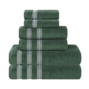 SUPERIOR 6 pc Zero Twist Cotton Ribbed Geometric Border Absorbent Towel Set