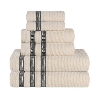 SUPERIOR 6 pc Zero Twist Cotton Ribbed Geometric Border Absorbent Towel Set