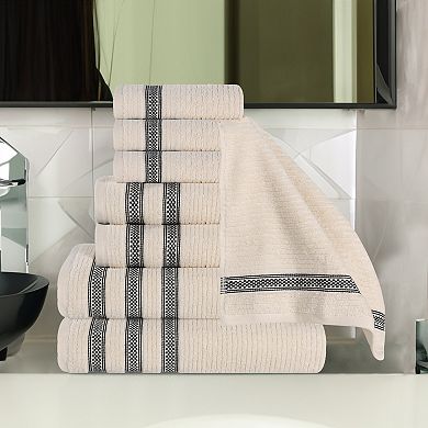 SUPERIOR Zero Twist Cotton Ribbed Geometric Border Absorbent 8-Piece Towel Set