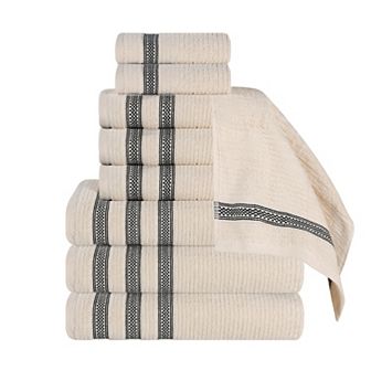 SUPERIOR Zero Twist Cotton Ribbed Geometric Border Absorbent 9 pc Towel Set