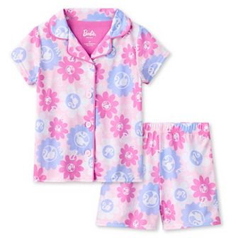 Toddler Girl Barbie 2 pc Logo Print Short Sleeve Button-Down Pajama Top & Pajama Shorts Set