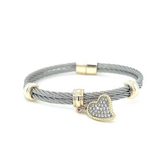 Juvell Two Tone 18k Gold Plated Cubic Zirconia Heart Charm Bangle Bracelet