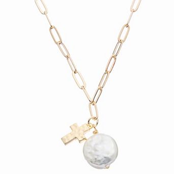 Juvell 18k Gold Plated Freshwater Cultured Pearl & Cross Necklace