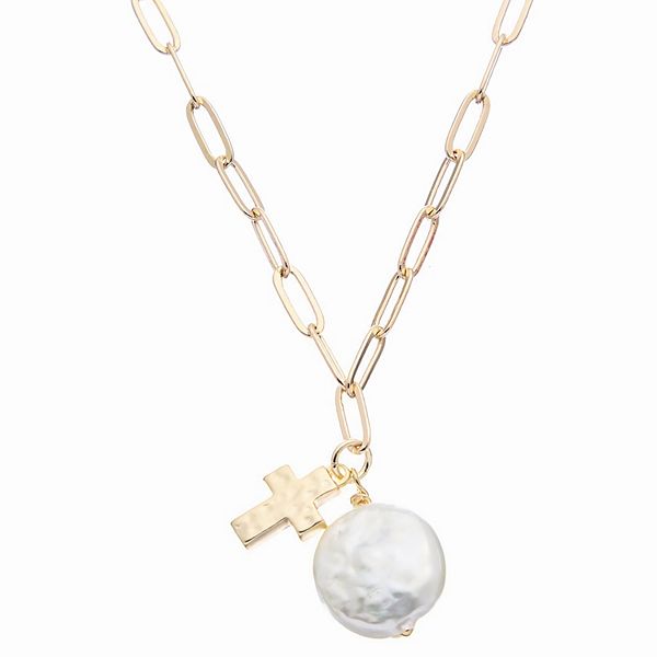 Juvell 18k Gold Plated Freshwater Cultured Pearl And Cross Necklace 1324