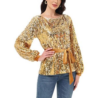 Women's Sequin Party Tie Waist Sweatshirt Pullover Top