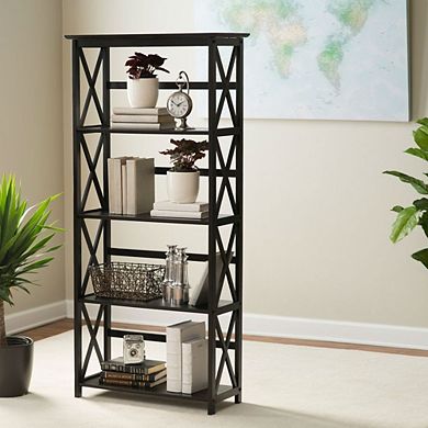 Tall 5-tier Bookcase In Black Wood Finish