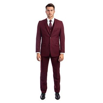Men's 3 pc Solid Suit Set, Notch Lapel, Unhemmed-Open Bottom Dress Pants